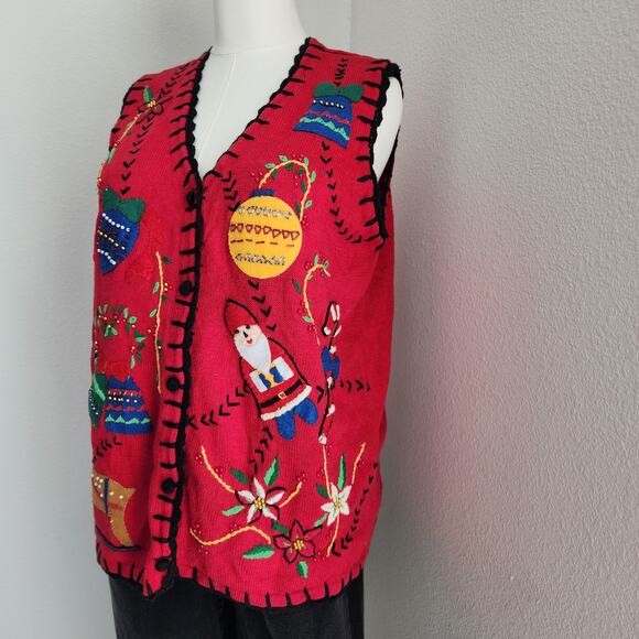 Vintage 90s Red Knit Christmas Vest Santa Reindeer Ornaments Embroidery XL - Picture 2 of 8
